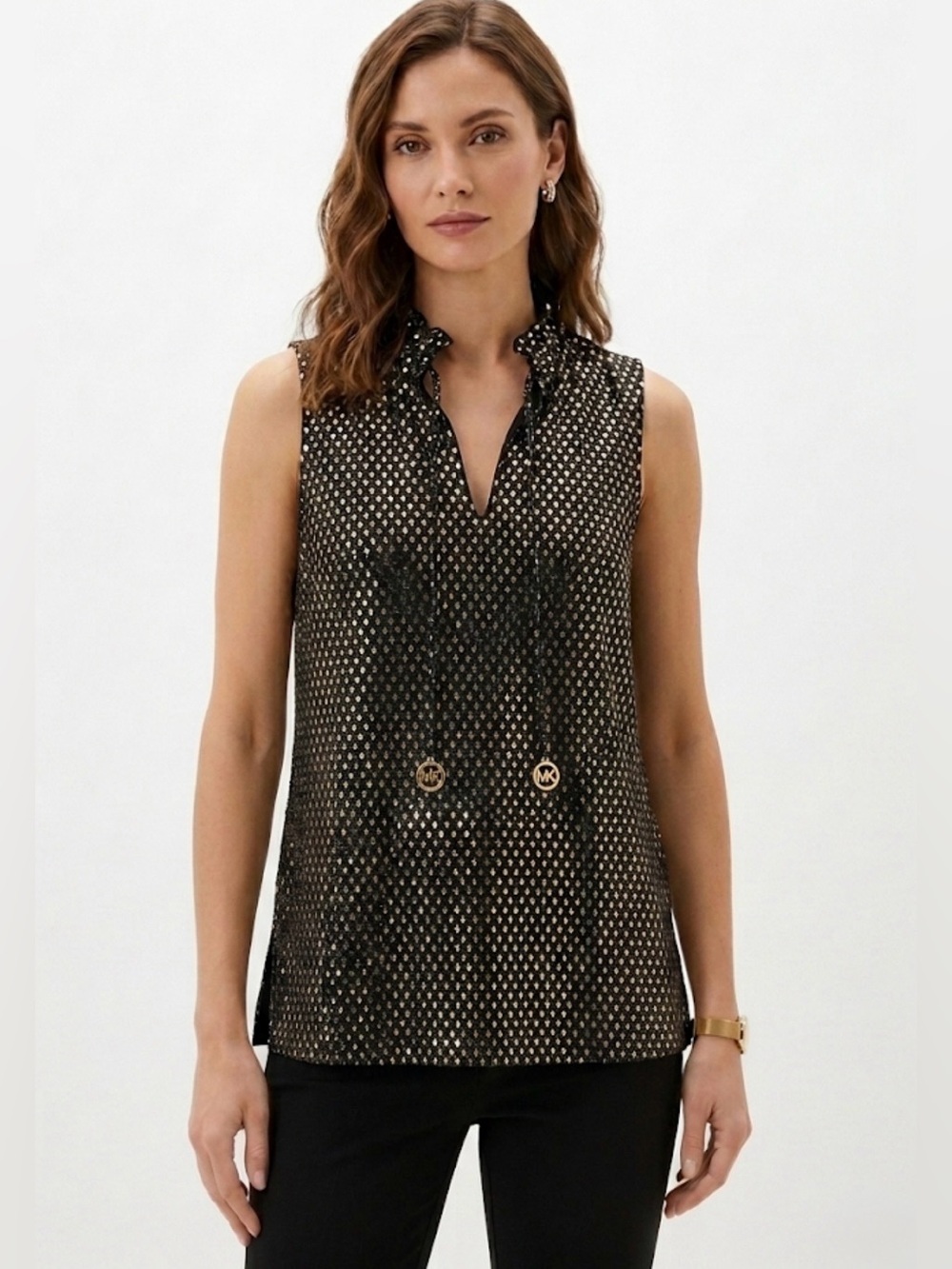 MICHAEL Michael Kors Black Gold Metallic Diamond Ruffle V-Neck Top Size M